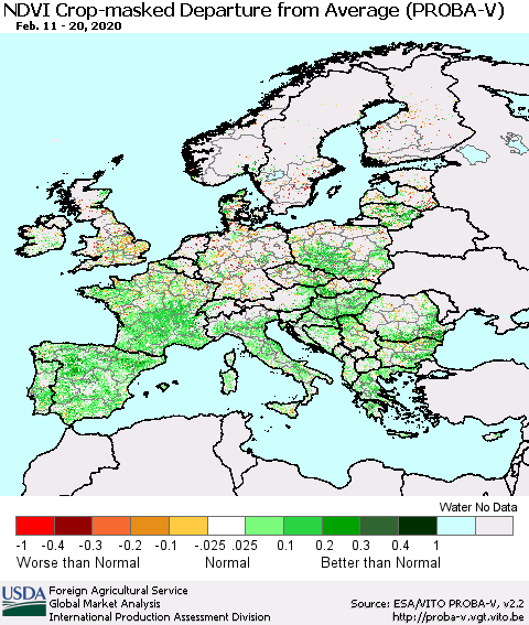 Europe NDVI Crop-masked Departure from Average (PROBA-V) Thematic Map For 2/11/2020 - 2/20/2020