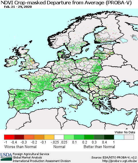 Europe NDVI Crop-masked Departure from Average (PROBA-V) Thematic Map For 2/21/2020 - 2/29/2020