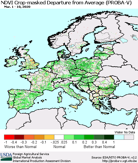 Europe NDVI Crop-masked Departure from Average (PROBA-V) Thematic Map For 3/1/2020 - 3/10/2020