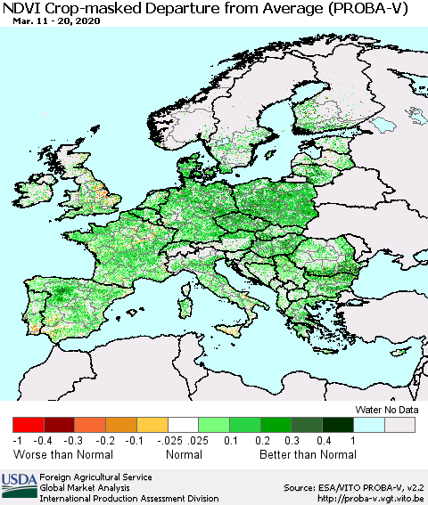 Europe NDVI Crop-masked Departure from Average (PROBA-V) Thematic Map For 3/11/2020 - 3/20/2020