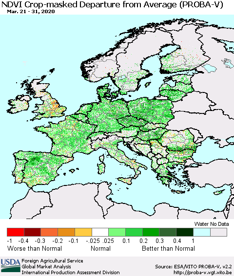 Europe NDVI Crop-masked Departure from Average (PROBA-V) Thematic Map For 3/21/2020 - 3/31/2020