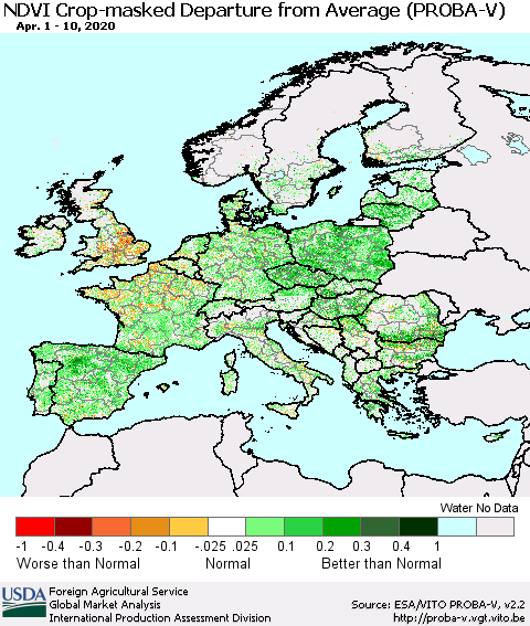 Europe NDVI Crop-masked Departure from Average (PROBA-V) Thematic Map For 4/1/2020 - 4/10/2020