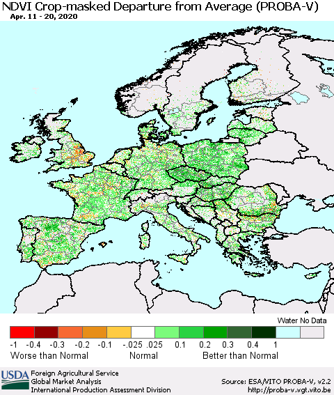 Europe NDVI Crop-masked Departure from Average (PROBA-V) Thematic Map For 4/11/2020 - 4/20/2020