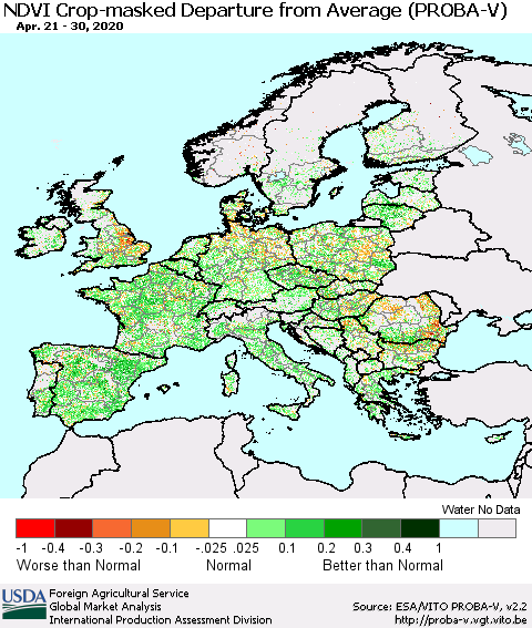 Europe NDVI Crop-masked Departure from Average (PROBA-V) Thematic Map For 4/21/2020 - 4/30/2020