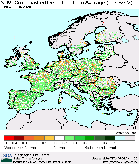 Europe NDVI Crop-masked Departure from Average (PROBA-V) Thematic Map For 5/1/2020 - 5/10/2020