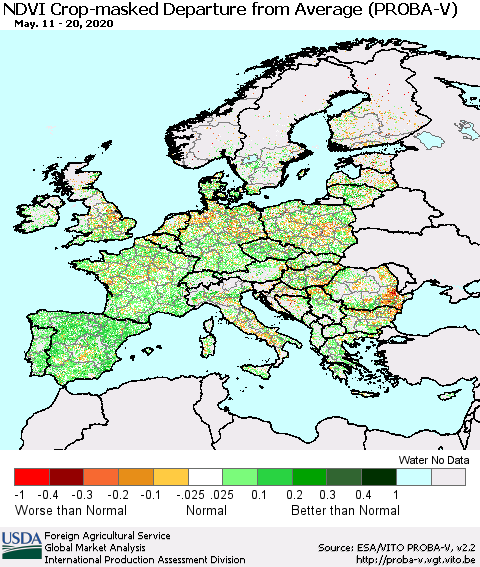 Europe NDVI Crop-masked Departure from Average (PROBA-V) Thematic Map For 5/11/2020 - 5/20/2020