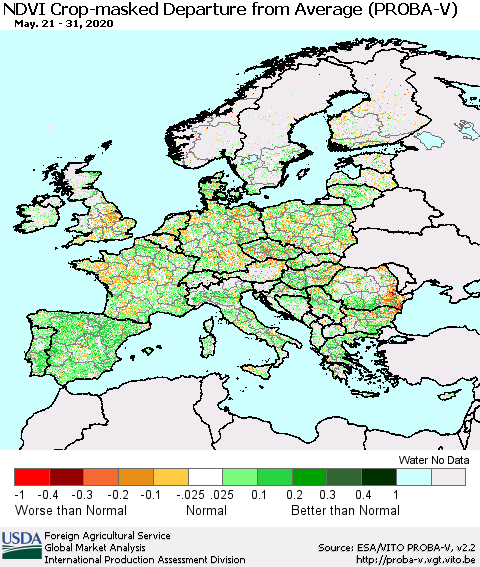 Europe NDVI Crop-masked Departure from Average (PROBA-V) Thematic Map For 5/21/2020 - 5/31/2020