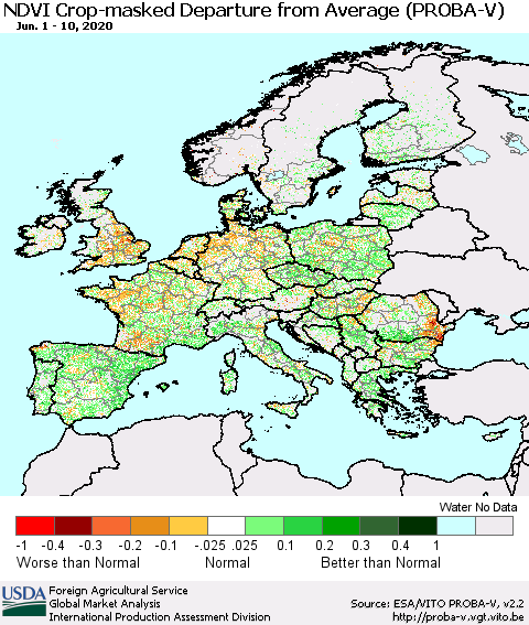 Europe NDVI Crop-masked Departure from Average (PROBA-V) Thematic Map For 6/1/2020 - 6/10/2020