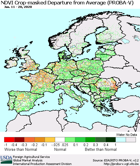 Europe NDVI Crop-masked Departure from Average (PROBA-V) Thematic Map For 6/11/2020 - 6/20/2020