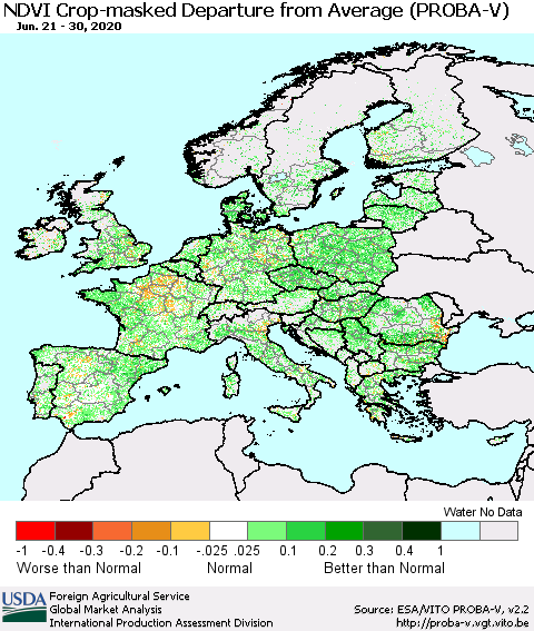 Europe NDVI Crop-masked Departure from Average (PROBA-V) Thematic Map For 6/21/2020 - 6/30/2020