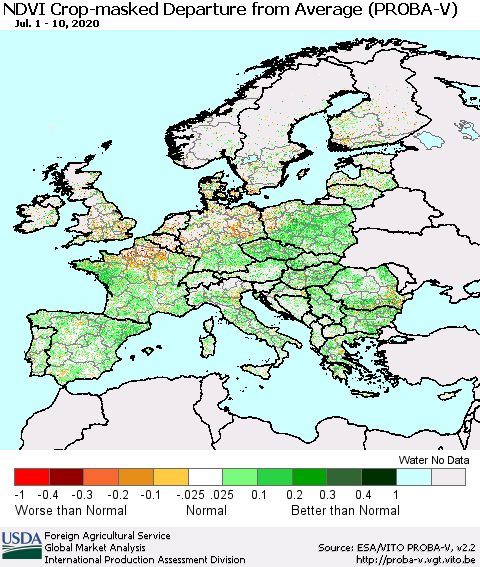 Europe NDVI Crop-masked Departure from Average (PROBA-V) Thematic Map For 7/1/2020 - 7/10/2020
