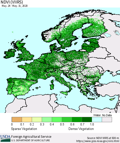 Europe NDVI (VIIRS) Thematic Map For 5/21/2020 - 5/31/2020