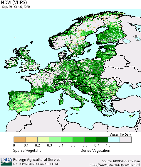 Europe NDVI (VIIRS) Thematic Map For 10/1/2020 - 10/10/2020