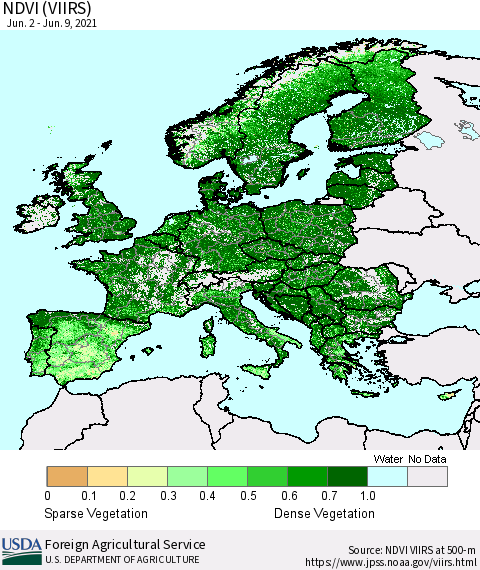 Europe NDVI (VIIRS) Thematic Map For 6/1/2021 - 6/10/2021