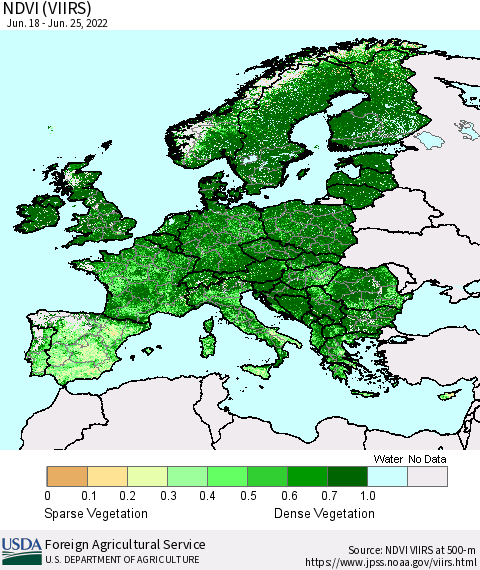 Europe NDVI (VIIRS) Thematic Map For 6/21/2022 - 6/30/2022