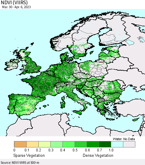 Europe NDVI (VIIRS) Thematic Map For 3/30/2023 - 4/6/2023