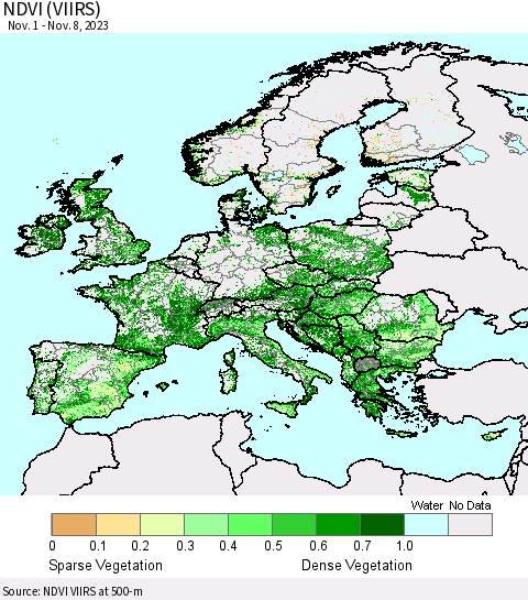 Europe NDVI (VIIRS) Thematic Map For 11/1/2023 - 11/8/2023