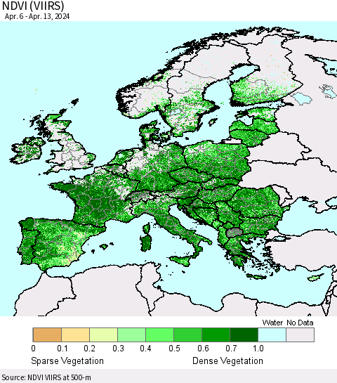 Europe NDVI (VIIRS) Thematic Map For 4/6/2024 - 4/13/2024