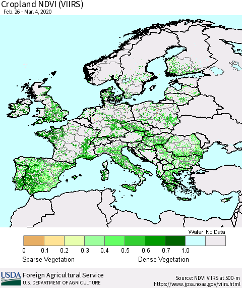 Europe Cropland NDVI (VIIRS) Thematic Map For 3/1/2020 - 3/10/2020