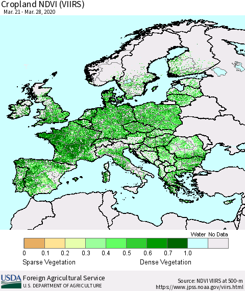 Europe Cropland NDVI (VIIRS) Thematic Map For 3/21/2020 - 3/31/2020