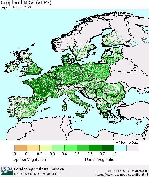 Europe Cropland NDVI (VIIRS) Thematic Map For 4/11/2020 - 4/20/2020