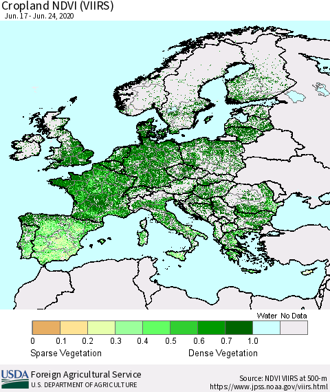 Europe Cropland NDVI (VIIRS) Thematic Map For 6/21/2020 - 6/30/2020