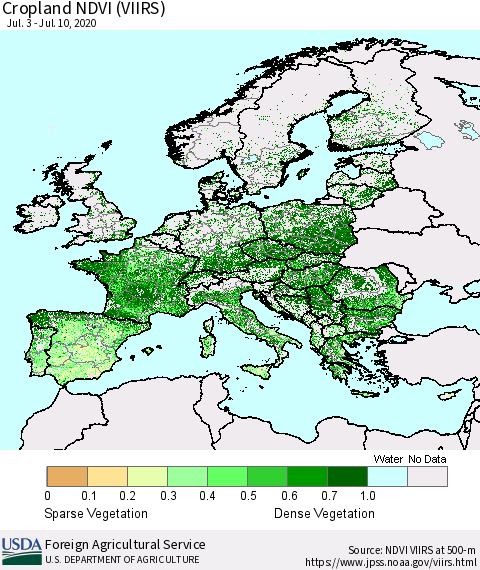 Europe Cropland NDVI (VIIRS) Thematic Map For 7/1/2020 - 7/10/2020