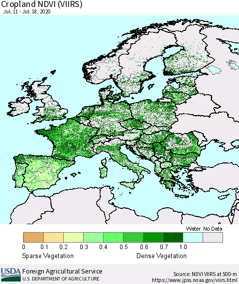 Europe Cropland NDVI (VIIRS) Thematic Map For 7/11/2020 - 7/20/2020