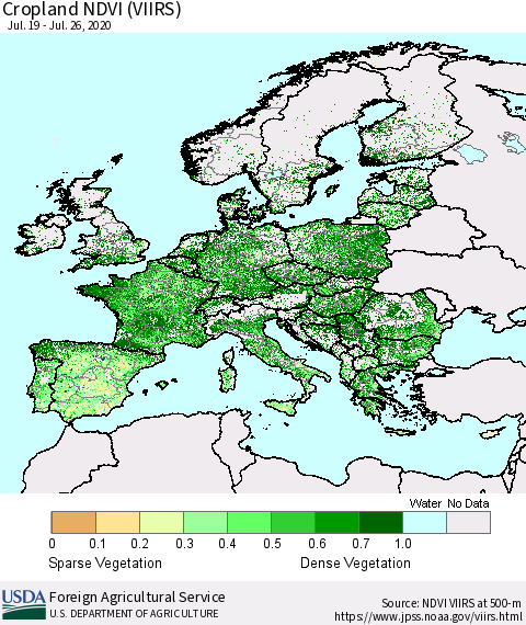 Europe Cropland NDVI (VIIRS) Thematic Map For 7/21/2020 - 7/31/2020