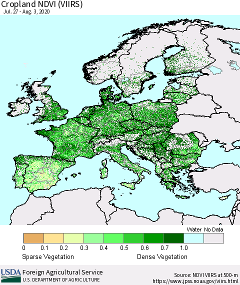 Europe Cropland NDVI (VIIRS) Thematic Map For 8/1/2020 - 8/10/2020