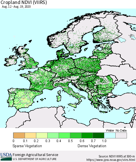 Europe Cropland NDVI (VIIRS) Thematic Map For 8/11/2020 - 8/20/2020