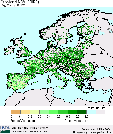 Europe Cropland NDVI (VIIRS) Thematic Map For 8/21/2020 - 8/31/2020