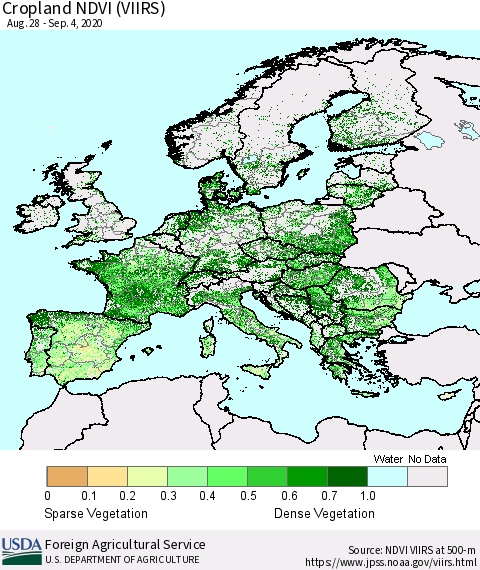Europe Cropland NDVI (VIIRS) Thematic Map For 9/1/2020 - 9/10/2020