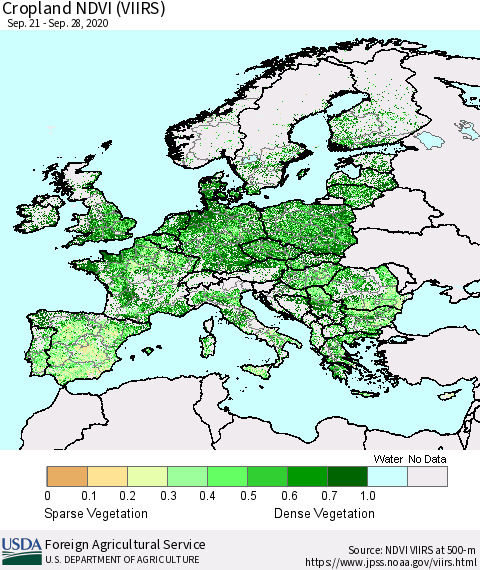 Europe Cropland NDVI (VIIRS) Thematic Map For 9/21/2020 - 9/30/2020