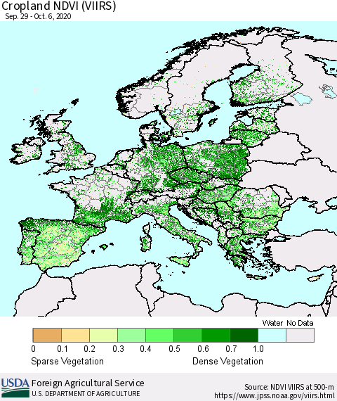 Europe Cropland NDVI (VIIRS) Thematic Map For 10/1/2020 - 10/10/2020
