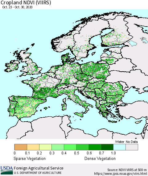 Europe Cropland NDVI (VIIRS) Thematic Map For 10/21/2020 - 10/31/2020
