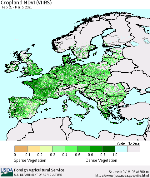 Europe Cropland NDVI (VIIRS) Thematic Map For 3/1/2021 - 3/10/2021