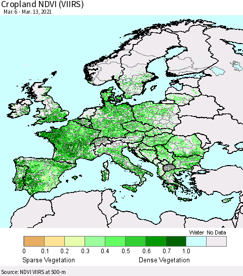 Europe Cropland NDVI (VIIRS) Thematic Map For 3/6/2021 - 3/13/2021