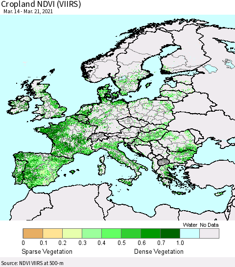 Europe Cropland NDVI (VIIRS) Thematic Map For 3/14/2021 - 3/21/2021