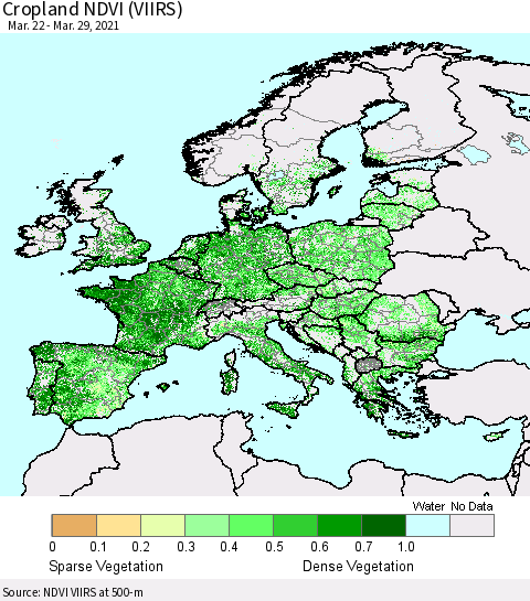 Europe Cropland NDVI (VIIRS) Thematic Map For 3/22/2021 - 3/29/2021