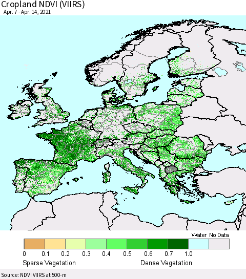 Europe Cropland NDVI (VIIRS) Thematic Map For 4/7/2021 - 4/14/2021