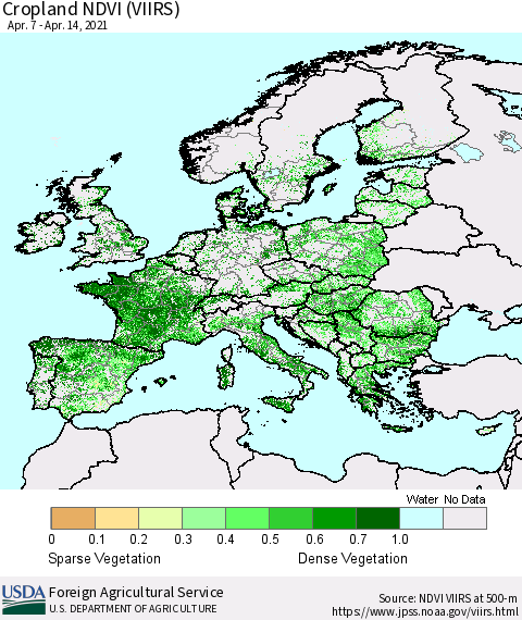 Europe Cropland NDVI (VIIRS) Thematic Map For 4/11/2021 - 4/20/2021
