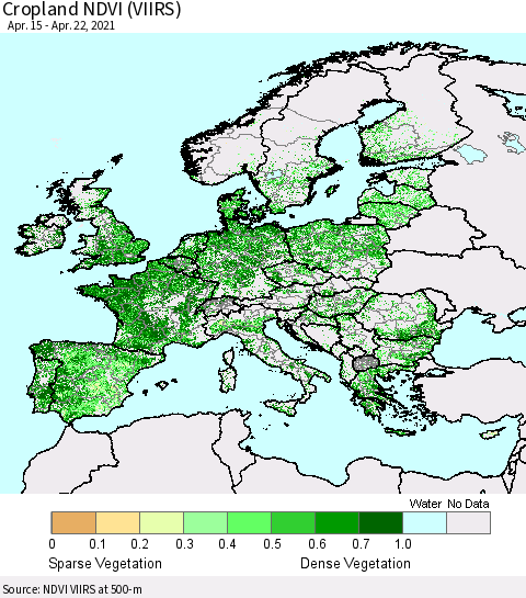Europe Cropland NDVI (VIIRS) Thematic Map For 4/15/2021 - 4/22/2021
