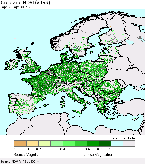 Europe Cropland NDVI (VIIRS) Thematic Map For 4/23/2021 - 4/30/2021