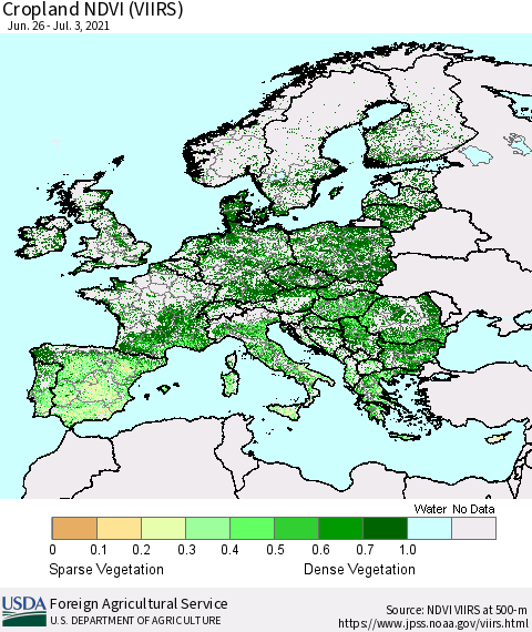 Europe Cropland NDVI (VIIRS) Thematic Map For 7/1/2021 - 7/10/2021