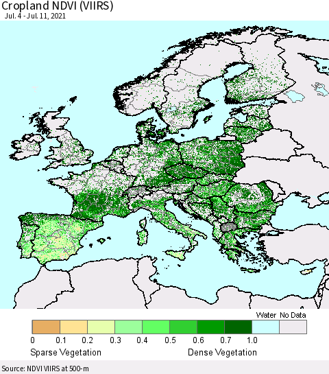 Europe Cropland NDVI (VIIRS) Thematic Map For 7/4/2021 - 7/11/2021