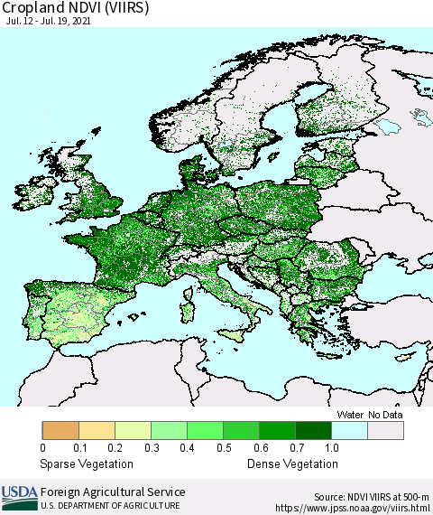 Europe Cropland NDVI (VIIRS) Thematic Map For 7/11/2021 - 7/20/2021