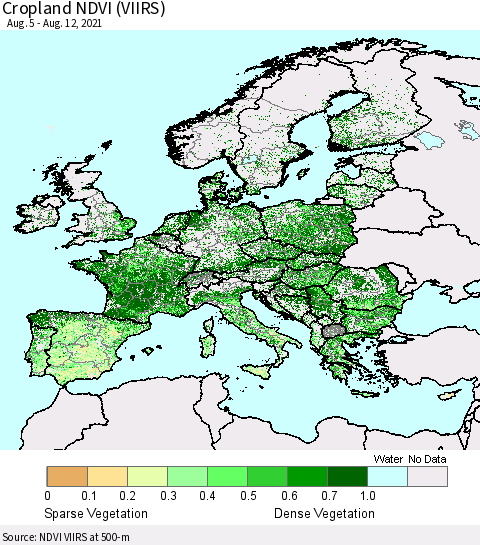 Europe Cropland NDVI (VIIRS) Thematic Map For 8/5/2021 - 8/12/2021
