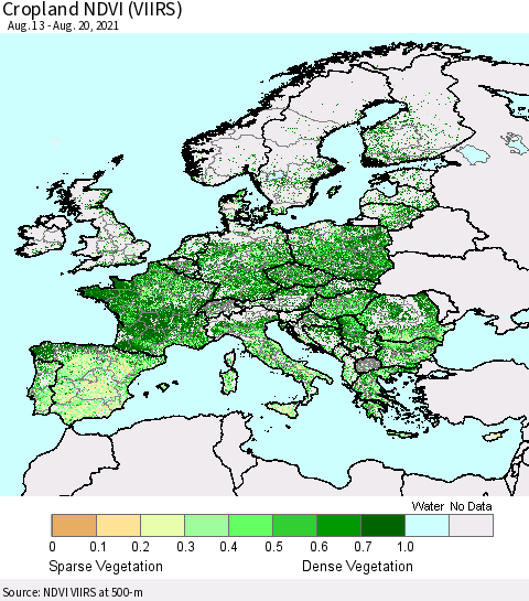 Europe Cropland NDVI (VIIRS) Thematic Map For 8/13/2021 - 8/20/2021