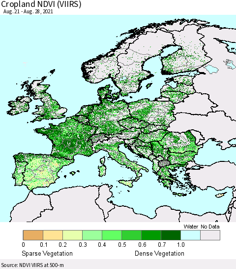 Europe Cropland NDVI (VIIRS) Thematic Map For 8/21/2021 - 8/28/2021